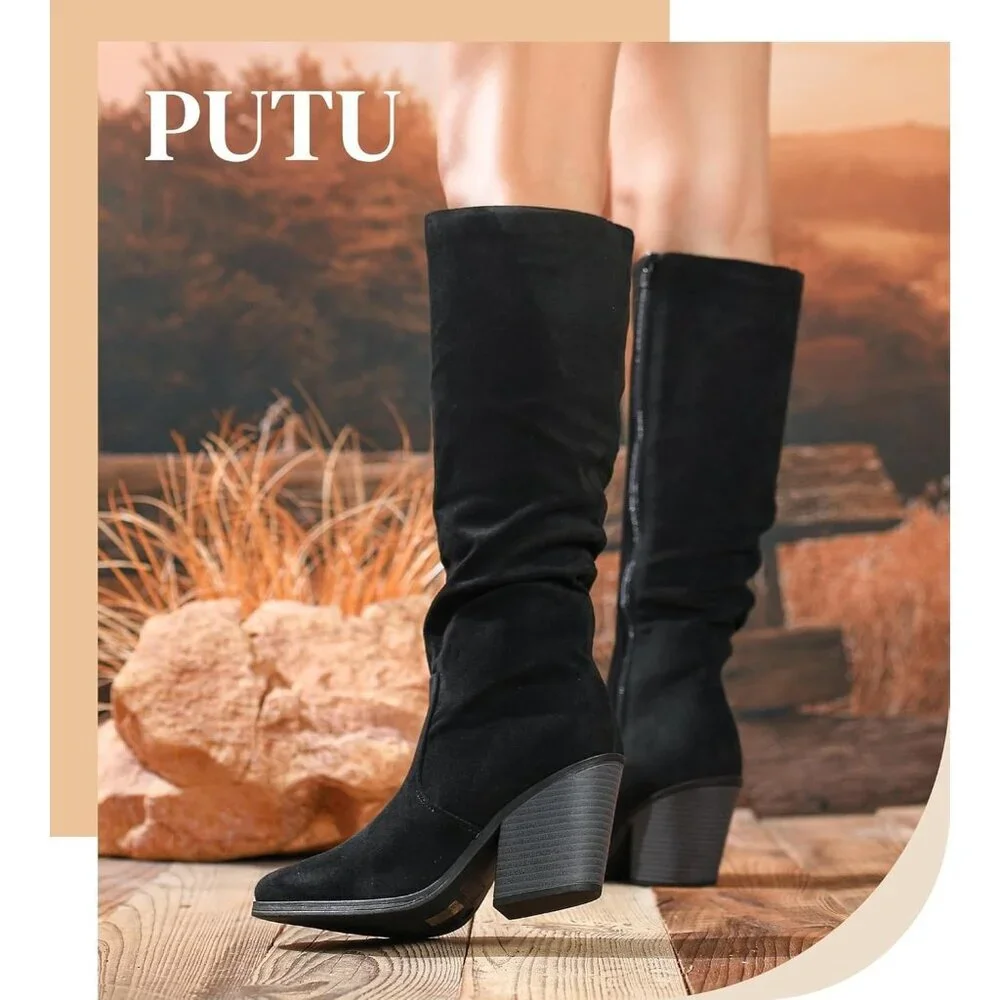 Women's Black Faux Suede Chunky Heel Boots Side Zipper Slouchy Knee High Boots